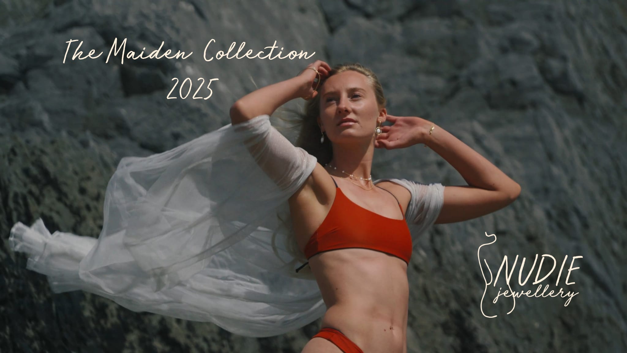 Load video: 3 models at three cliffs bay in swimwear showcasing the Maiden Collection
